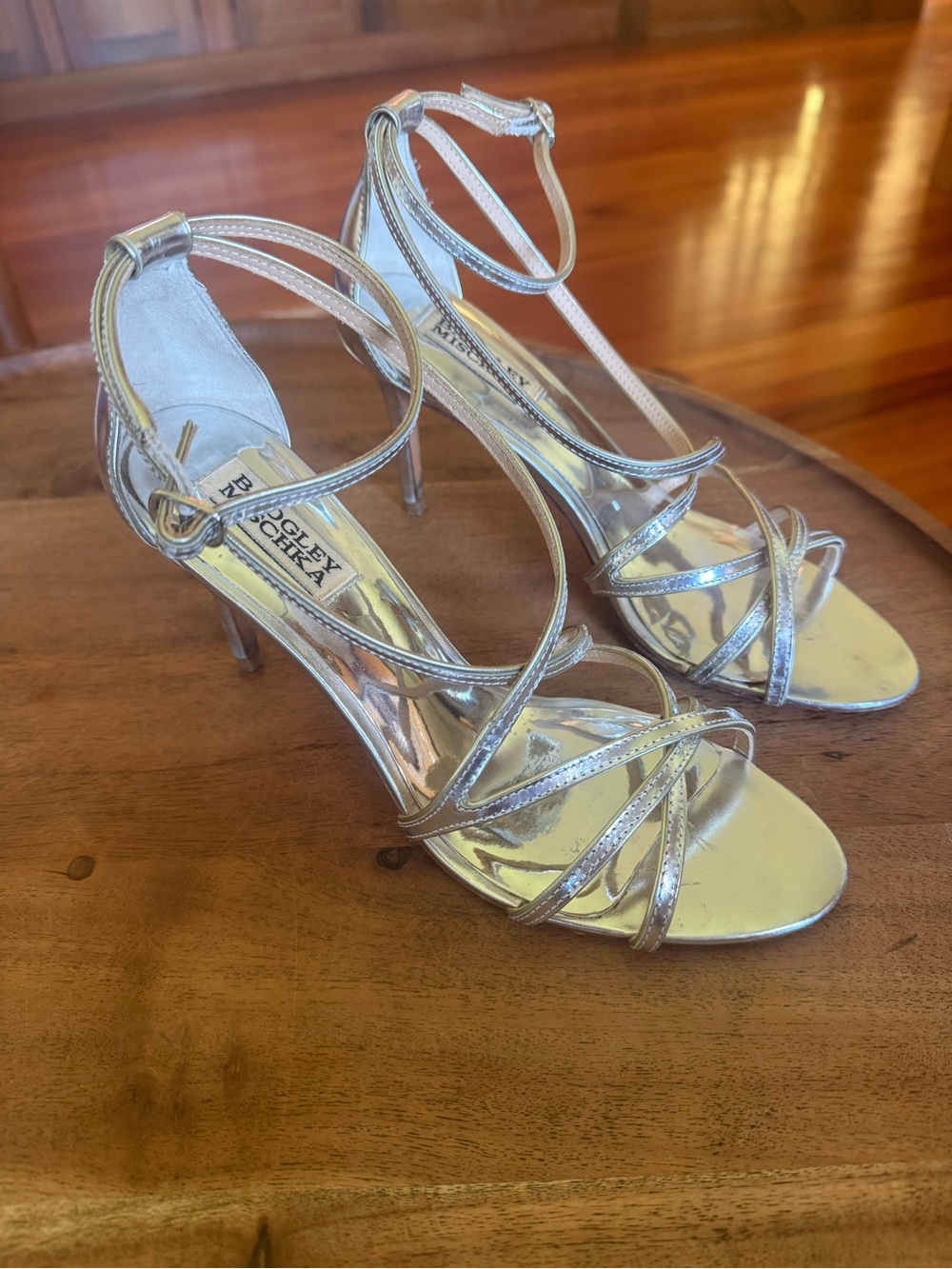 Badgley Mischka Silver Strappy Ankle-Wrap Stiletto Sandals